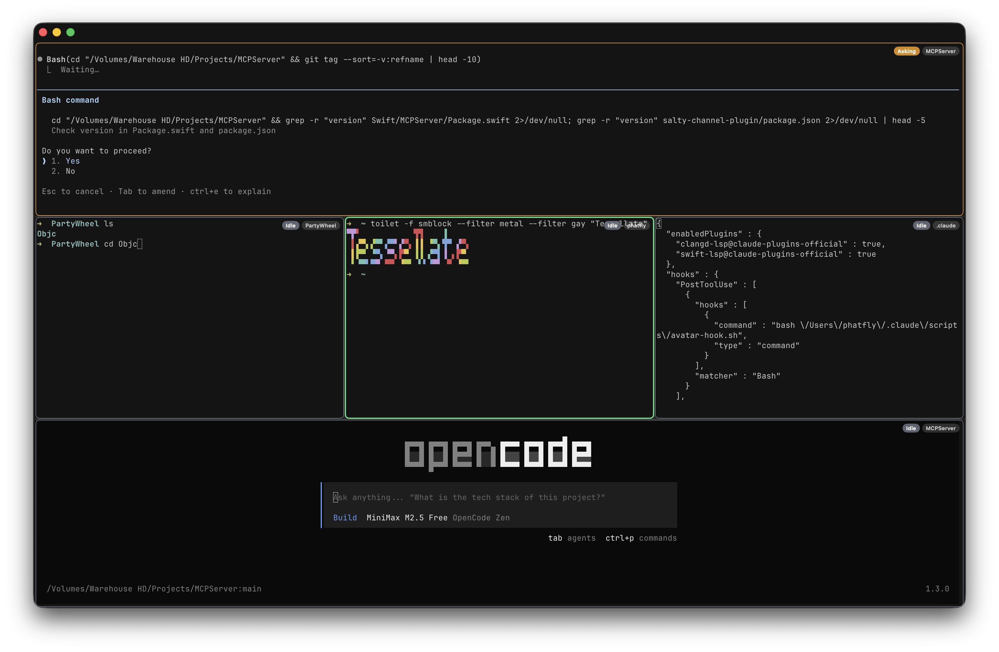 Tessellate with four tiled terminal panes running Claude Code, OpenCode, and vim simultaneously