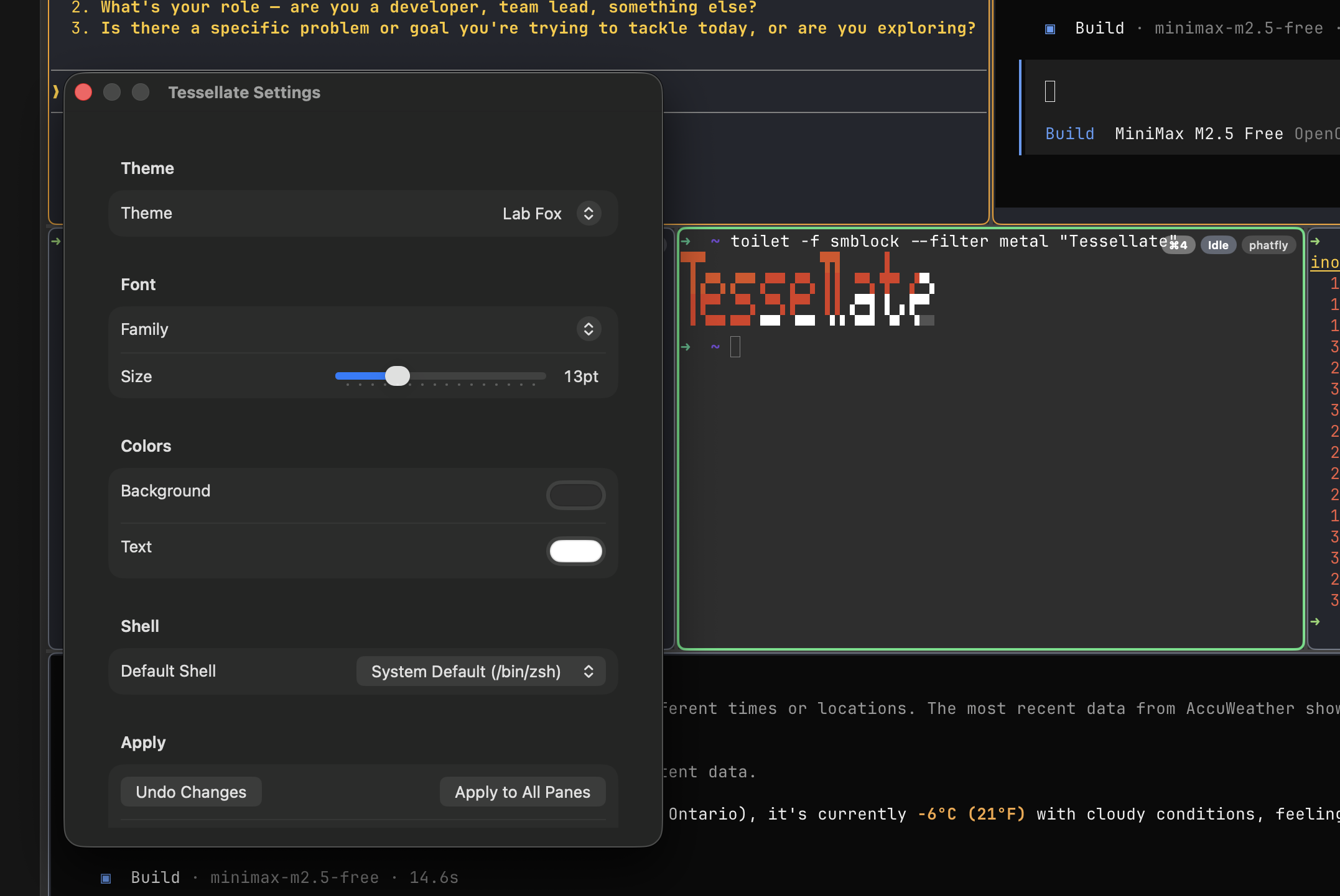 Tessellate preferences panel with theme, font, color, and shell settings