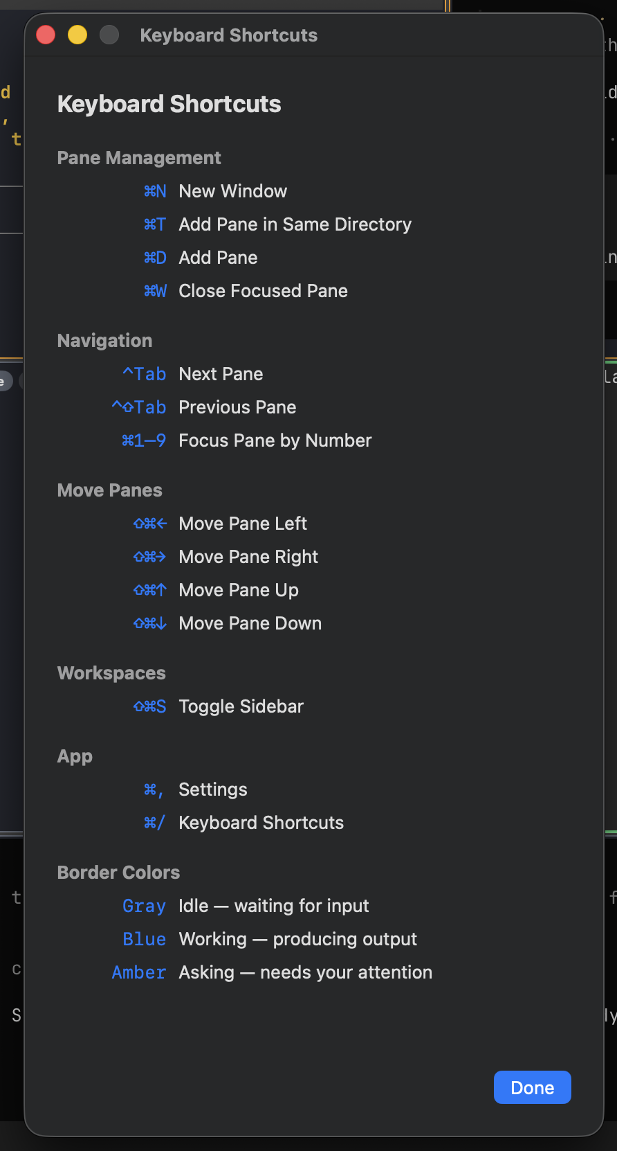 Tessellate keyboard shortcuts reference showing pane management, navigation, and workspace controls